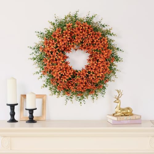 26" Large Artificial Eucalyptus Silk Flower Wreath for Outdoor(Fall Orange)