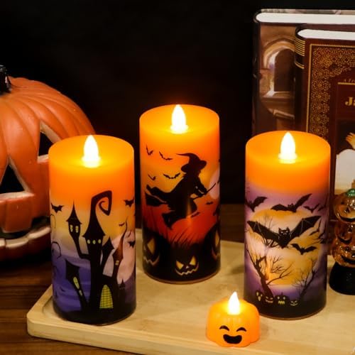 Halloween Flameless Pillar Candles Battery Operated Remote Timer