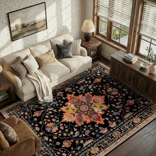 RELEANY Washable Area Rug, 6'x9', Black/Colorful