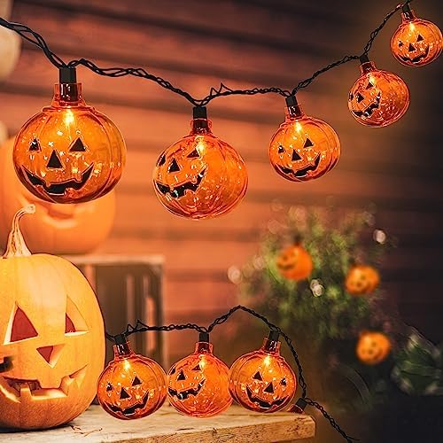 8.5FT LED Halloween Lights Pumpkin String Lights with 10 Smiling Jack O Lantern Pumpkin Lights, LED Jack O Lantern for Home Party Yard Porch Indoor Outdoor Halloween Decorations, 0.07W