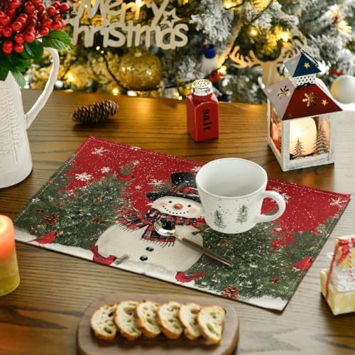 Artoid Mode Red Snowman Trees Bird Christmas Placemats Set of 12, 12x18 Inch Seasonal Winter Table Mats for Party Kitchen Dining Decoration