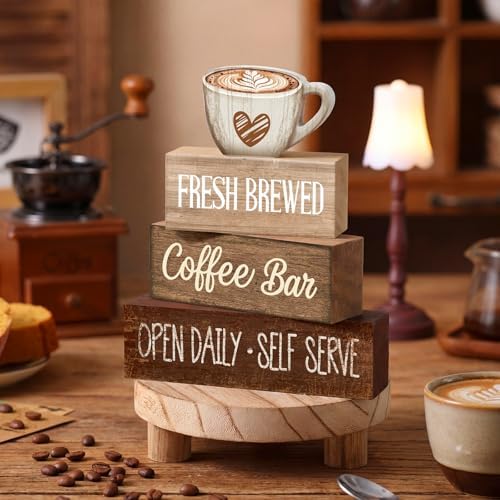 Moucuny 4 Pcs Farmhouse Coffee Bar Signs Decor Wooden Cafe Cup Signs