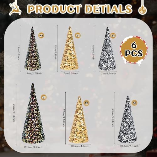 6 PCS 12" 10" 6" Christmas Sequin Cone Tree Decorations Black Gold Silver Glitter Tabletop Small Trees Tiered Tray Ornament for Xmas Gothic Halloween Farmhouse Mantel Shelf Table Home Party Tree Decor