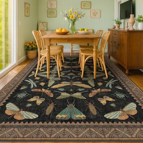 Hazo Haus Large Black Rug for Living Room - Area Rugs 9x12 Dining Room Table, Large Bedroom Under Bed, Unique Insect