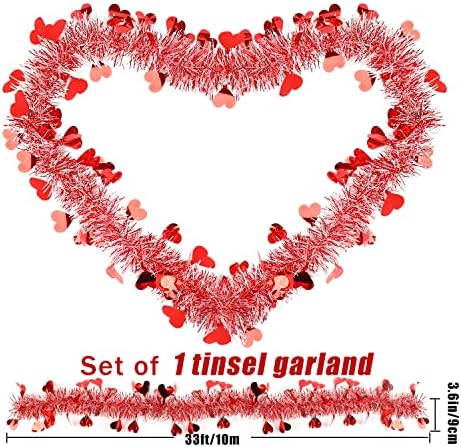 FOIMAS 33FT Valentine's Day Tinsel Garland,Heart Metallic Twisted Hanging Garland for Home Wedding Decoration Party Supply,Red & White