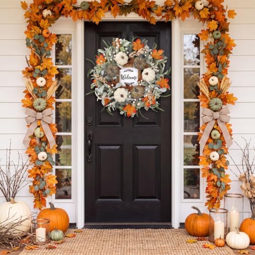 Sggvecsy Fall Wreath 23’’ Autumn Front Door Wreath Harvest Wreath with Welcome Sign Pumpkins Maple Leaves Lambs Ear Pine Needles for Outside Indoor Wall Festival Thanksgiving Autumn Decor