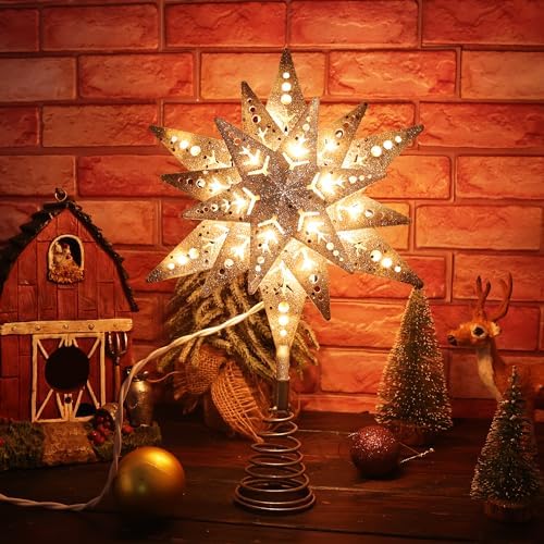 ODEETRONIC 8 in Silver Glitter Snowflake Tree Topper with 25 Clear Lights