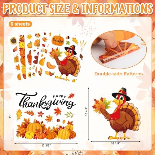 Fall Thanksgiving Window Clings 6 Sheets, Large Turkey Fall Leaves Reusable Window Decals Stickers for Home Autumn Thanksgiving Party Decorations Supplies (Turkey)