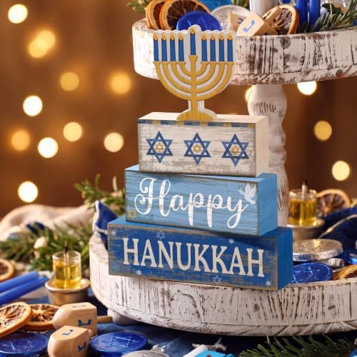 Lineshading 4 Pcs Hanukkah Decorations for Home Chanukah Table Decor Wooden Menorah Decoration Hanukkah Centerpiece