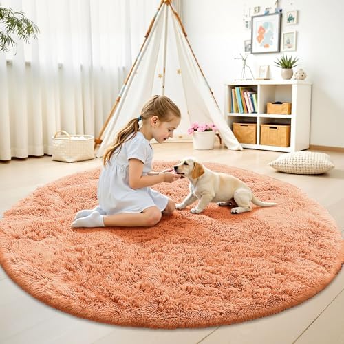 OLANLY Muted Orange Round Rugs for Bedroom - Machine Washable, 9 ft Circle Area Rugs for Living Room, Soft and Fluffy