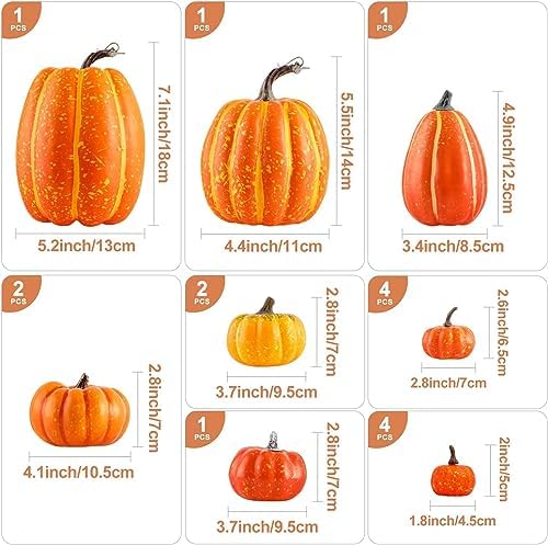 Ywlake 16 Pcs Pumpkin Fall Decorations, Decorative Large Small Outdoor Orange Foam Plastic Fake Faux Artificial Pumpkins for Halloween Autumn Harvest Festival Home Table Decor