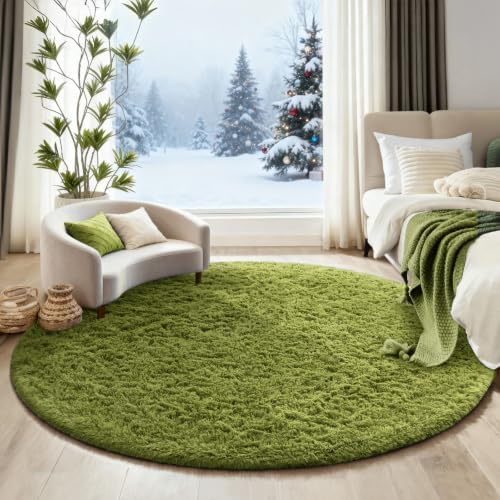 Ophanie Round Rug 6Ft Green Circle Area Rug, Green Room Decor, Fluffy Fuzzy Bedroom Carpet, Plush Soft Shaggy Living