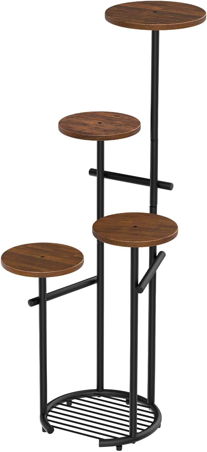 TOSKING 5-Tier Round Wood Corner Plant Stand Indoor, Anti-Tip, Brown&Black | 42-Inch Height, Space-Saving Design