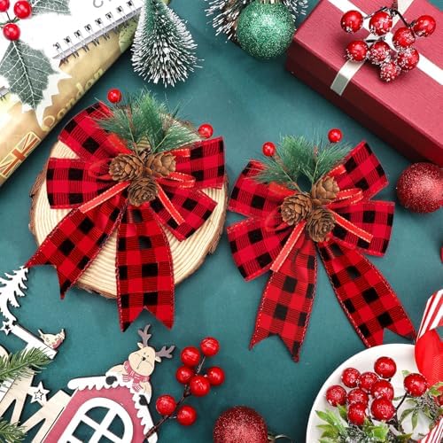 Syhood 6 Pcs Christmas Bows Xmas Velvet Bows Tree Decor, Buffalo Plaid