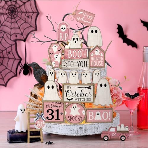 MiniInflat Halloween Tiered Tray Decorations Set, Wood, Ghost, Pink White