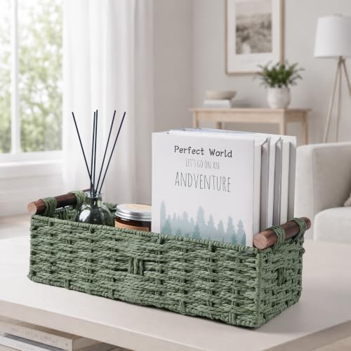 Round Paper Rope Storage Basket Wicker Baskets for Organizing with Handle Decorative Storage Bins for Countertop Toilet