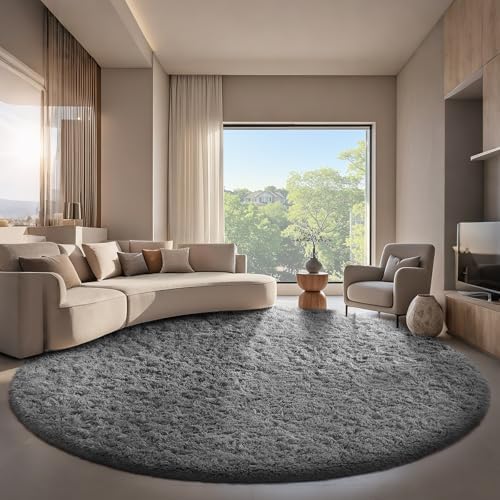 Ophanie Round Rug 8Ft Grey Circle Area Rugs,Large Fluffy Fuzzy Living Room Carpet 8 feet,Plush Shag Solid Indoor Floor