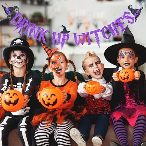 Purple Glitter Drink Up Witches Halloween Banner - Halloween Hanging Paper Garland Bunting Banner with Witch Hat Decorations, Photo Backdrop for Wall Home Mantle Office Wall Scary Party Supplies