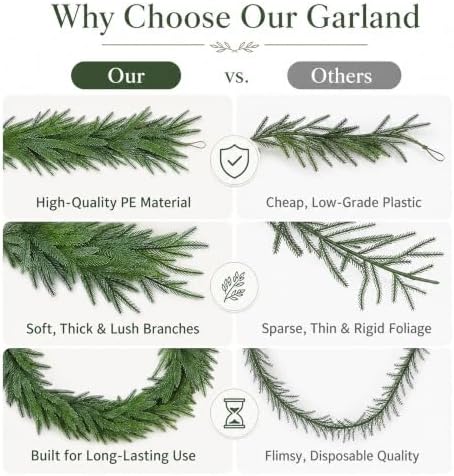2Pcs 6ft Real Touch Christmas Cedar Garland，Norfolk Pine Garland