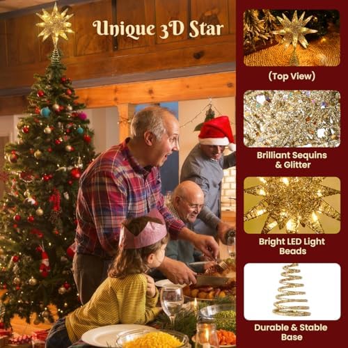 Luxspire Christmas Tree Topper, 11" 3D Starburst Tree Star, Champagne Gold