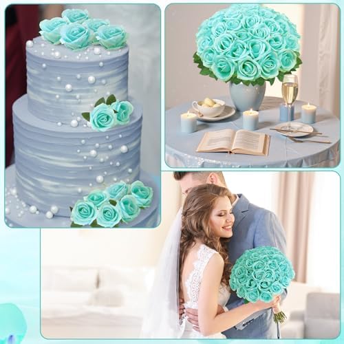 36 Pcs Turquoise Artificial Roses with Long Stems