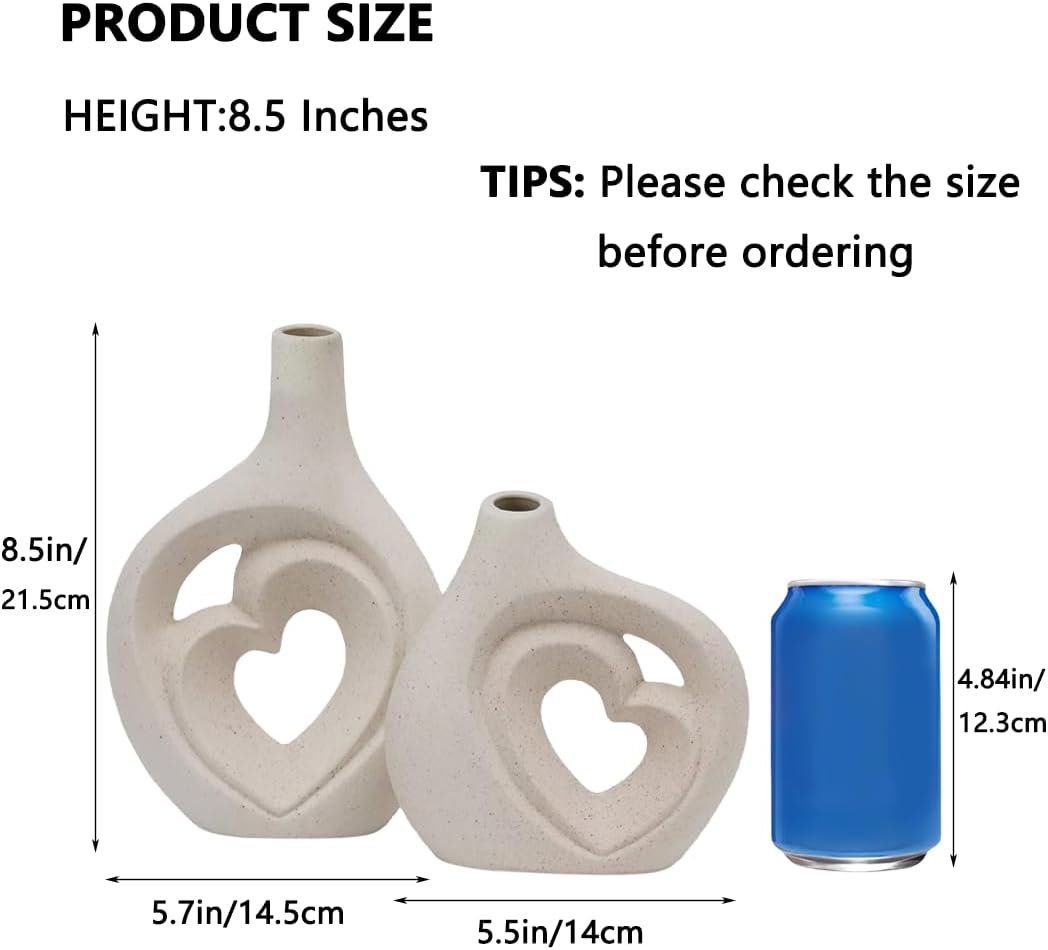 Ceramic Heart Shaped Vases / Cream White / 8.5 Inch / Set of 2