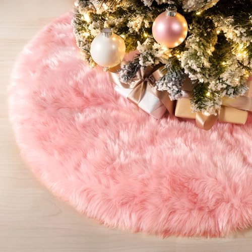 28 Inch Pink Faux Fur Christmas Tree Skirt for Christmas Decorations