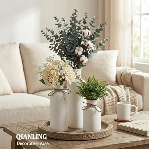 White Ceramic Vase Set - 3 Small Vases, Minimalist Decor Boho Vases, Modern Farmhouse Home Décor Accents, Living Room
