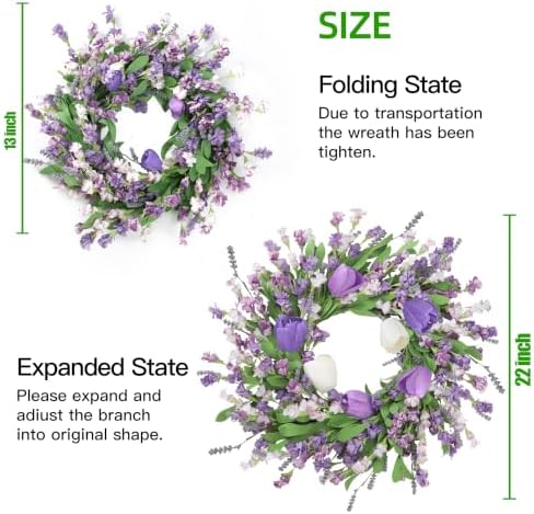 Sggvecsy Spring Summer Wreath for Front Door 22 Inch Artificial Purple Flower Wreath with Tulips Greenery Leaves Lavender for All Seasons Home Farmhouse Indoor Outdoor Wall Decor (Purple)