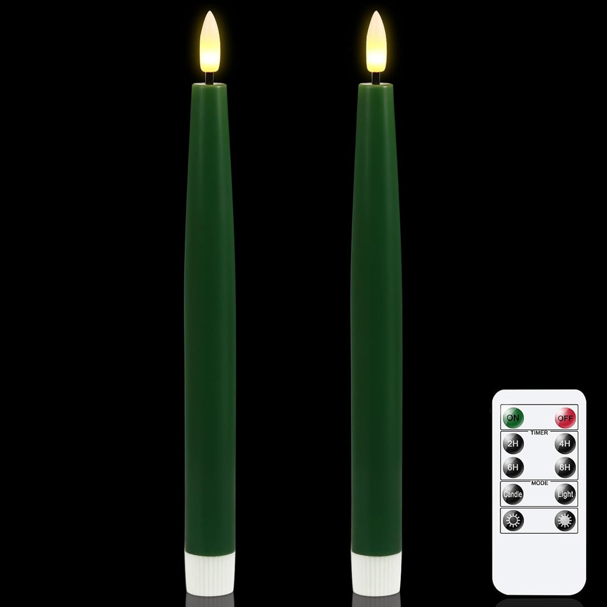 GenSwin Flameless Taper Candles with Remote Timer, Real Wax LED Flickering Candlesticks Battery Operated 3D Wick for Wedding, Party, Home(Christmas Green, 9.84", Set of 2)
