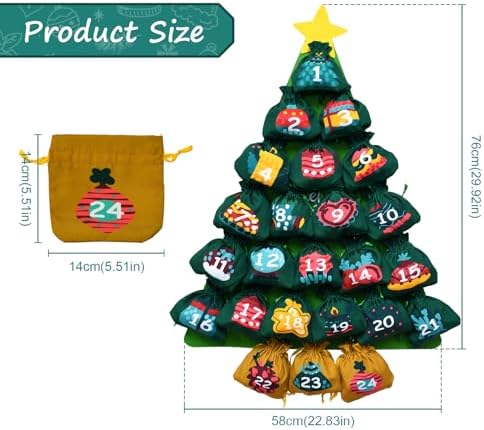 cshare Christmas Advent Calendars with Pockets, Christmas Tree Hanging Advent Calendar Reusable, Empty to Fill Farbic 24 Days Countdown Christmas Decorations