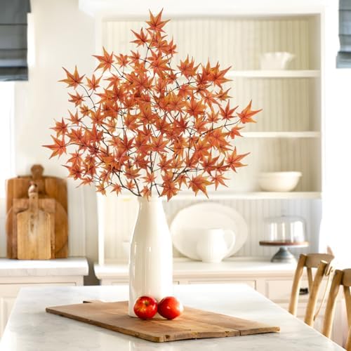 3 Pcs Artificial Maple Leaves Branches 23.6 Inch Fake Fall Maple Plants Autumn Leaf Bushes Faux Silk Foliage for Home Thanksgiving Centerpiece Farmhouse Fireplace Halloween Décor - Orange