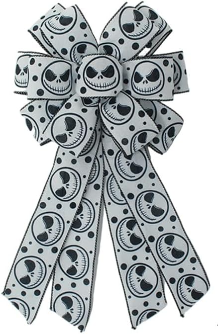 1 Pcs Large Halloween Wreath Bow - 17.8" x 9.8" Spooky Skeleton Wired Bow, Black White Skull Gothic Decorative Burlap Bows for Front Door, Tree Topper & Party Decor (Black Skeleton Bow)