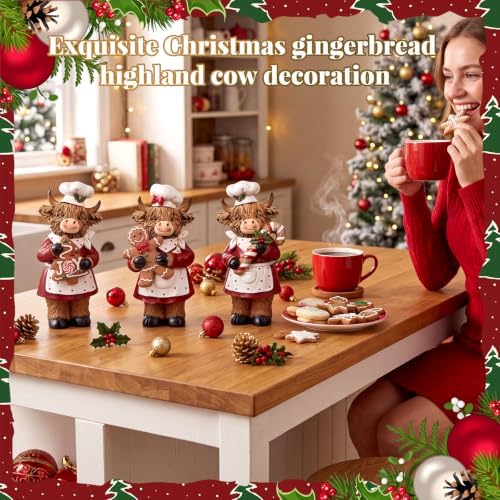 3 Pcs Christmas Highland Cow Figurine, Gingerbread Cookies Decor