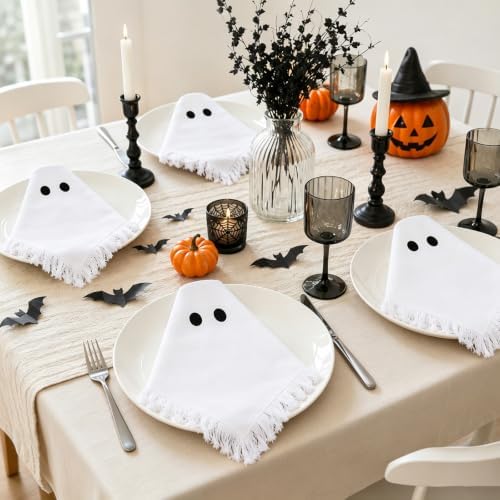 Whaline 8 Pcs Halloween Cloth Napkins with Fringe Spooky White Ghost Dinner Napkin Washable Reusable Cotton Napkin for Halloween Party Home Kitchen Dining Table Decoration, 18 x 18 Inch