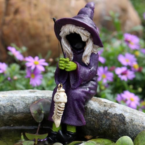 Fishing Witch Statue Funny Halloween Decorations, 4.7 Inch Sitting Witch Figurine Shelf Sitter Resin Sculpture for Outdoor Garden Yard Lawn Pond Waterfalls Pool Ornaments