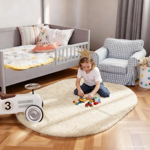 Ophanie 3x5 Oval Ivory Rugs for Bedroom Living Room,Fluffy Fuzzy Furry Carpet,Plush Soft Shaggy Indoor Floor Area Rug