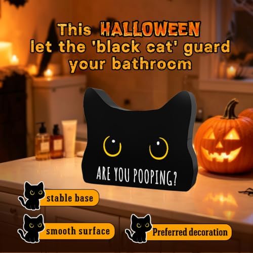 Black Cat Halloween Bathroom Decor Sign, Cute Halloween Black Cat Gifts