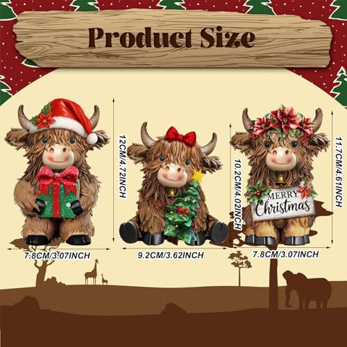 3 Pcs Christmas Highland Cow Figurine Decor, Resin Christmas Decor