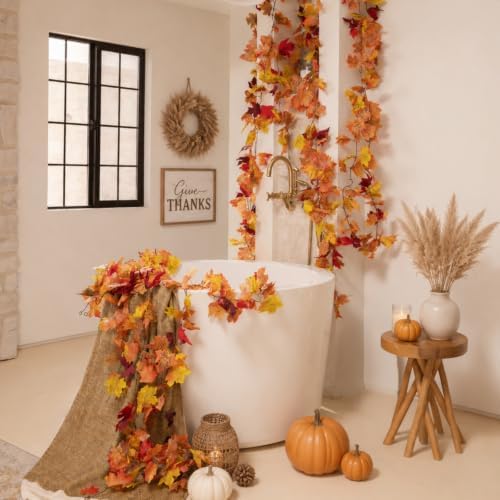 CQURE 8 Pack Fall Leaf Garland, Total 47.2Ft Artificial Fall Maple Leaves Autumn Vines Garland Thanksgiving Decor for Home Fireplace Party