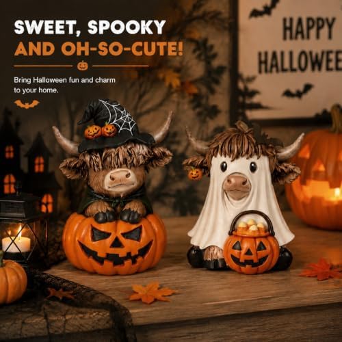 Karenhi 2 Pcs Halloween Highland Cows Figurines Resin, Pumpkin Decor