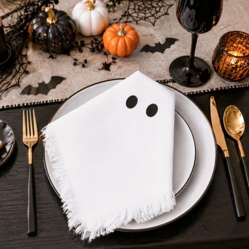 Whaline 8 Pcs Halloween Cloth Napkins with Fringe Spooky White Ghost Dinner Napkin Washable Reusable Cotton Napkin for Halloween Party Home Kitchen Dining Table Decoration, 18 x 18 Inch