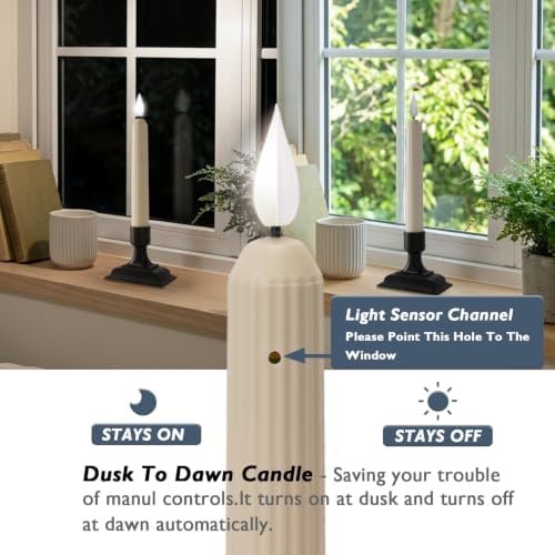 Homemory 12 Pcs Window Candles with Sensor Dusk to Dawn, White Light Electric Window Candle, Christmas Fake Candles Battery Operated, Led Candlesticks with Black Holders for Xmas Holiday Decor
