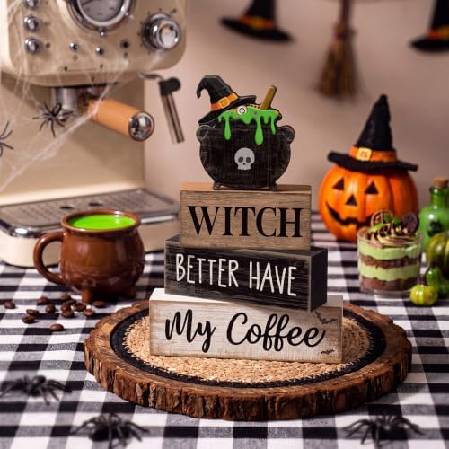Lineshading 4 Pcs Halloween Coffee Table Decor Witch Cauldron Wooden Signs