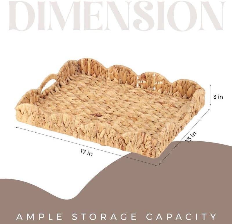 Scalloped Water Hyacinth Tray / Light Brown / 17 x 13 x 3