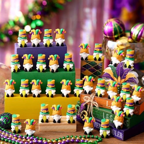 Lunmon 50 Pcs Mini Mardi Gras Gnomes Bulks 1.57 Inch PVC Gnomes Figurine Gifts Mardi Gras Collectible Figurines for Home Tabletop Farmhouse Shelf Decorations