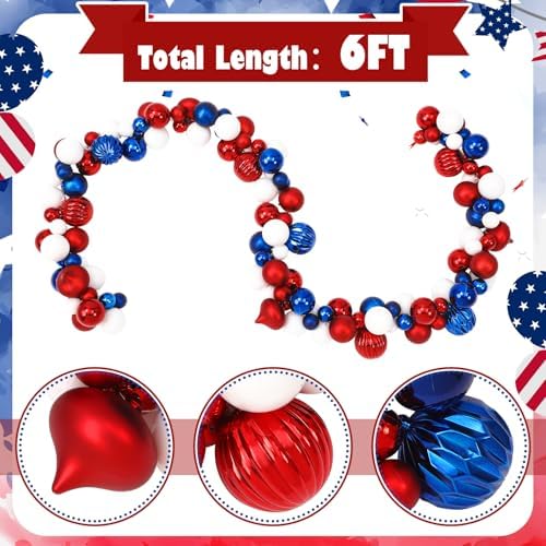 Suncalla 6ft Patriotic Red White Blue Ball Garland 4th of July Garland 250th Anniversary Glitter Red White Blue Bead Hanging Ornament Banner for Independence Day Table Wall Decoration Supplies