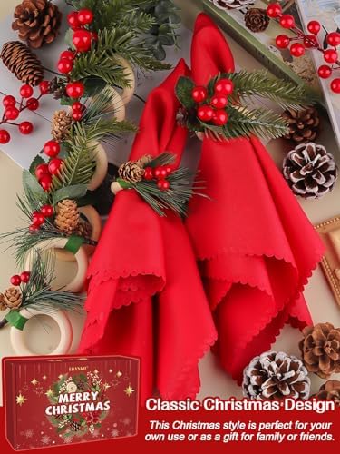 16 PCS Christmas Napkins and Rings Set, Lanstics 8PCS Xmas Napkin Buckles and 8PCS Red Washable Christmas Napkins Cloth Red Berries Napkin Holders for Christmas Holiday Dinner Party Table Decoration