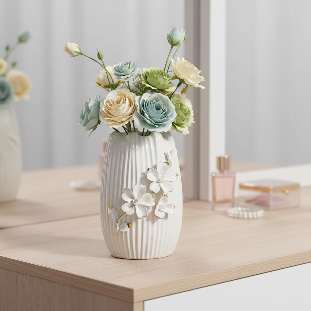 Ceramic Vase / Textured Boho Flower Vase / White / 7 Inch