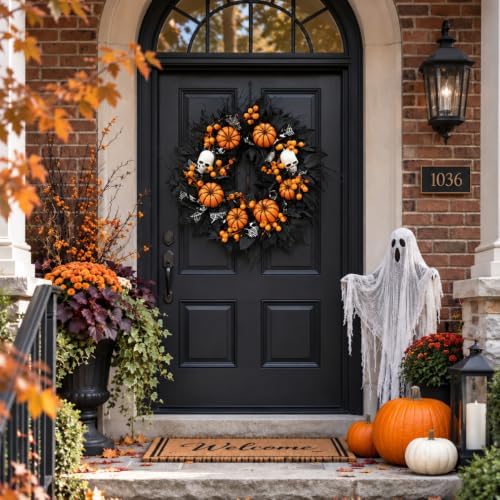 20" Halloween Wreath for Front Door, Black Gothic Spooky Outdoor Décor